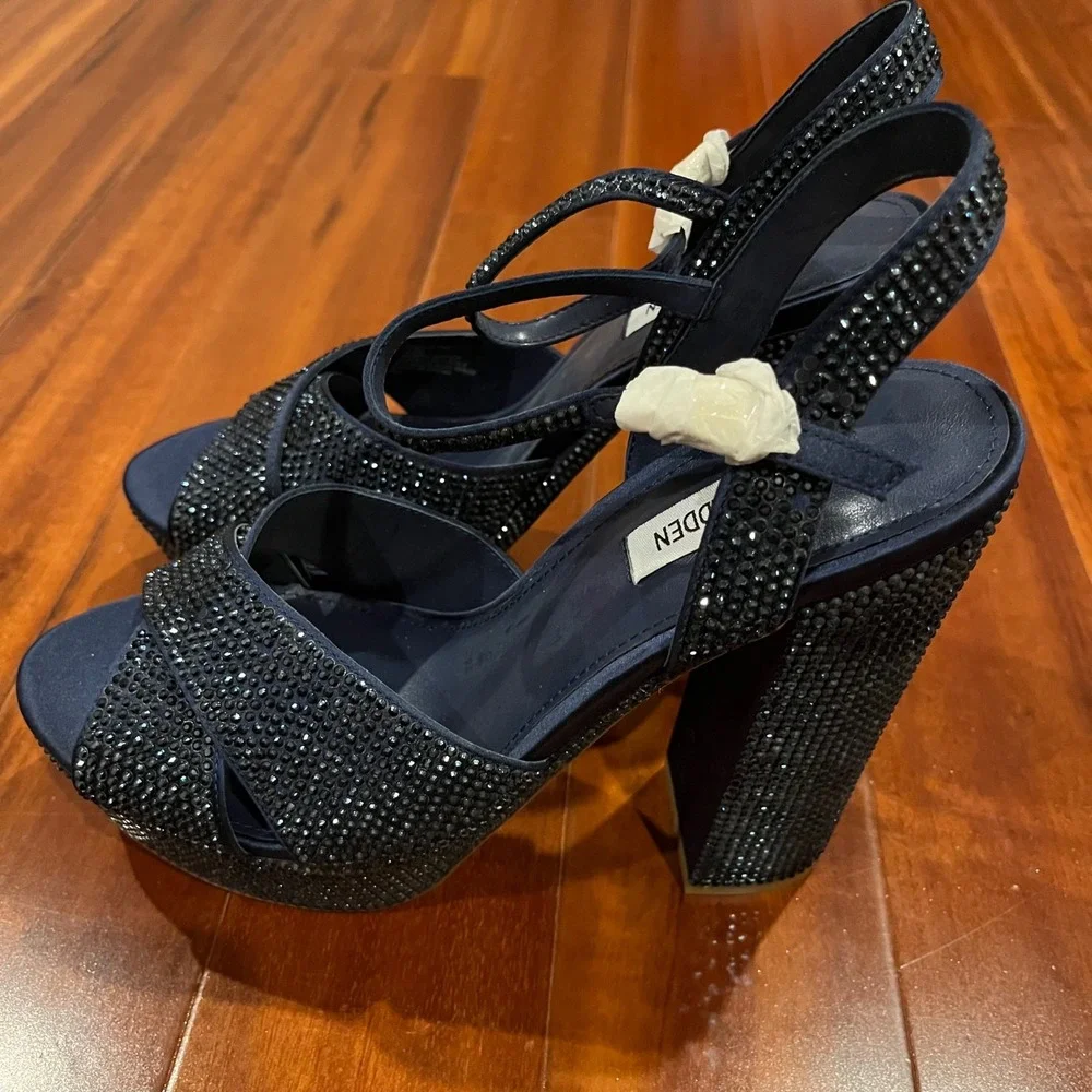 Steve Madden Blue Shoes Partytme Navy Rhinestone Platform Block Heel Sandal 9.5M